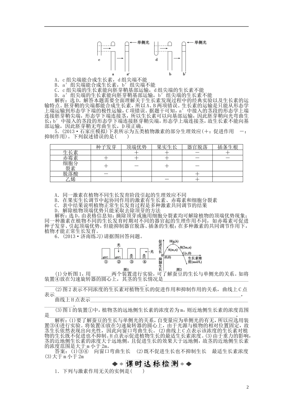 【优化方案】2014届高考生物一轮复习-第三章-第1-3节-植物生长素的发现-生长素的生理作用其他植物激素知能_第2页
