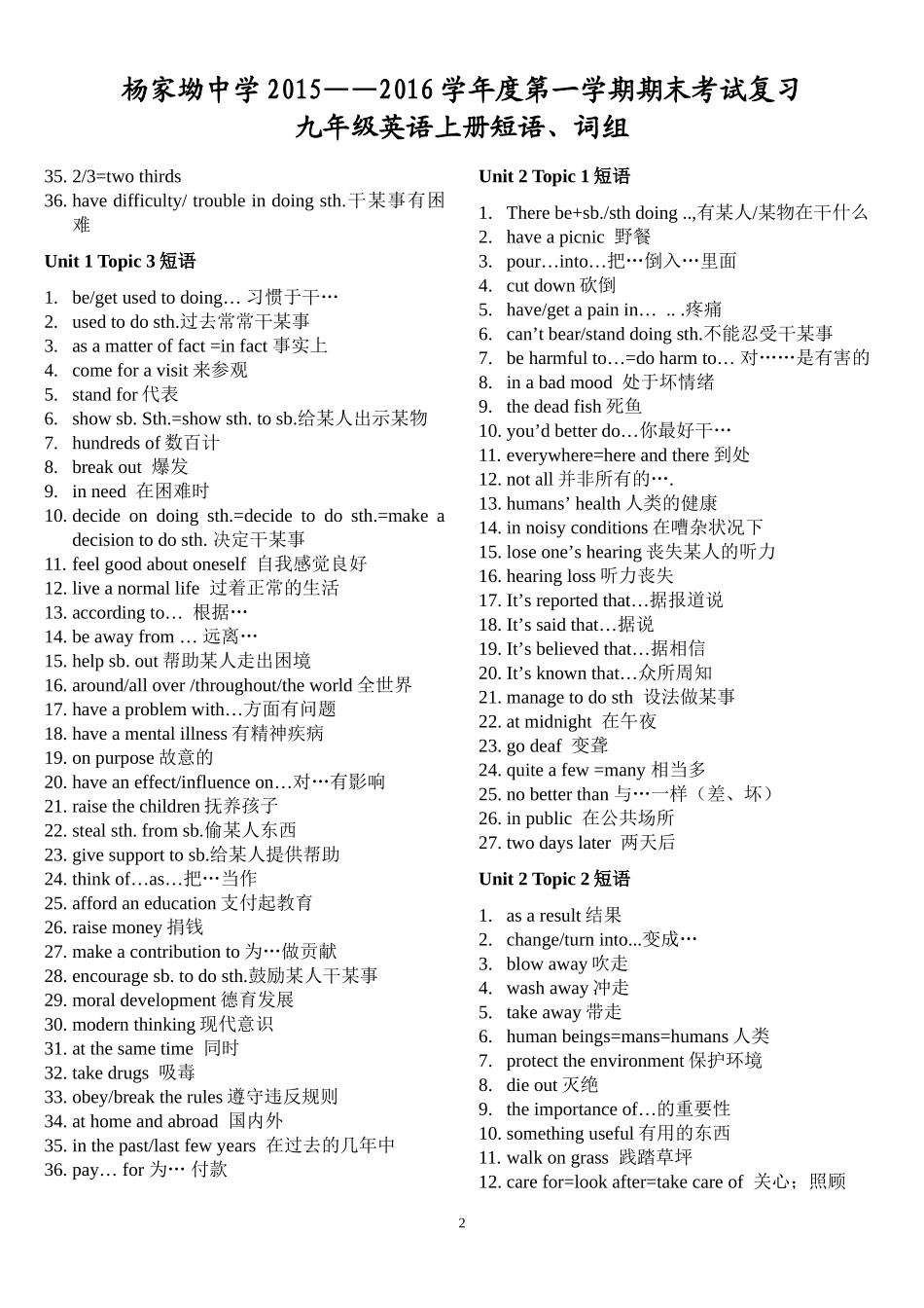 杨家坳中学2015—2016学年度第一学期期末考试复习九年级英语上册短语、词组_第2页