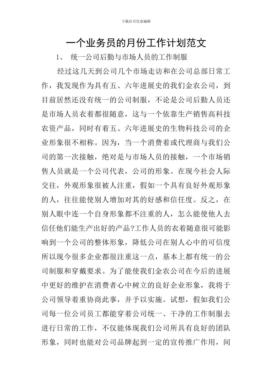 一个业务员的月份工作计划范文_第1页