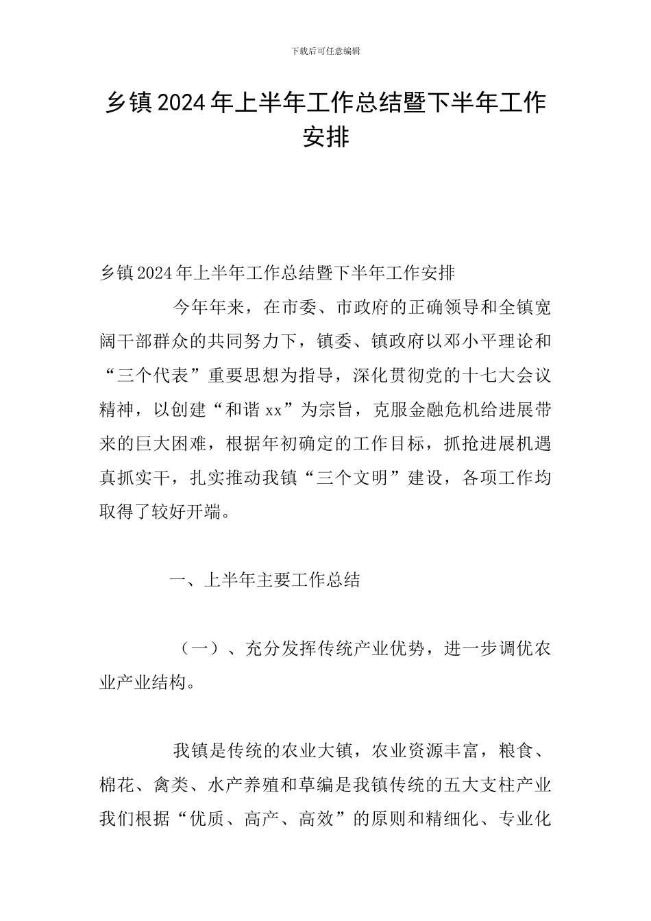 乡镇2024年上半年工作总结暨下半年工作安排_第1页