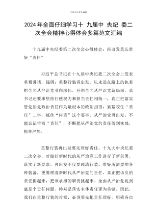 2024年全面认真学习十-九届中-央纪-委二次全会精神心得体会多篇范文汇编