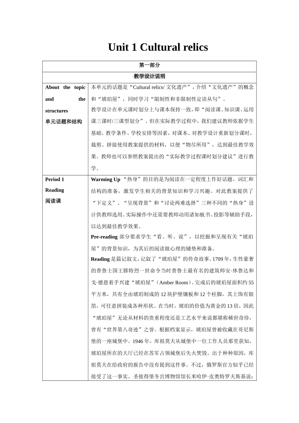 Unit1-Cultural-Relics--教学设计说明-教案_第1页