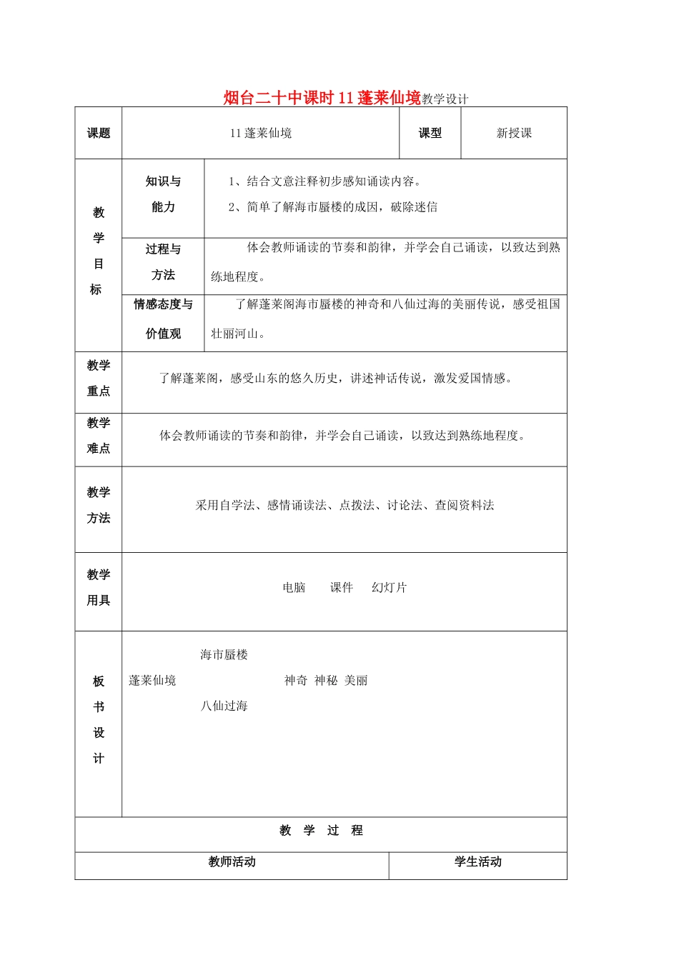 山东省烟台20中七年级语文 《蓬莱仙境》教学设计_第1页