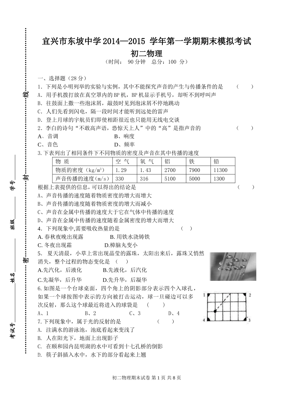 江苏省宜兴市东坡中学2014-2015学年第一学期初二物理期末模拟考试_第1页