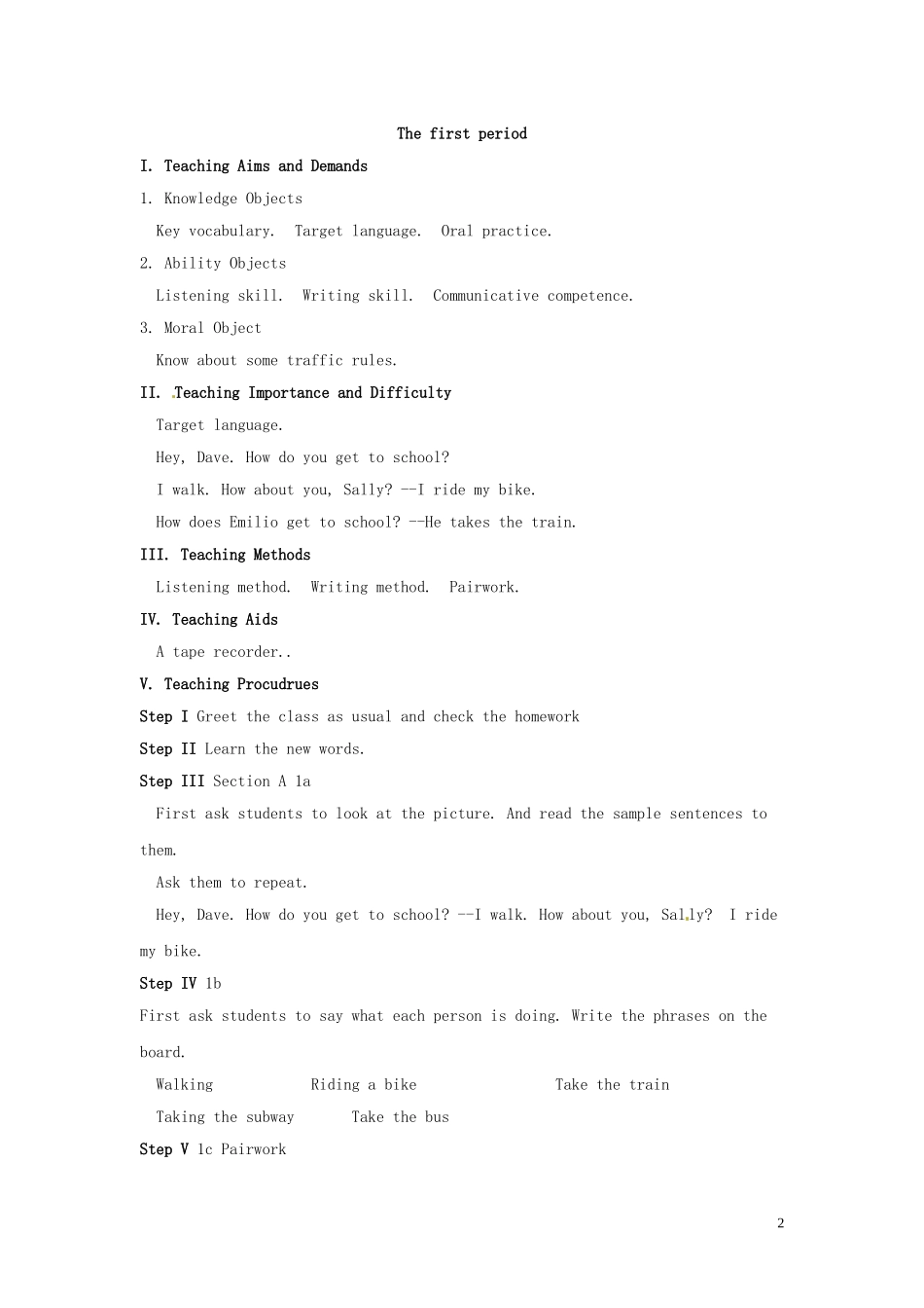 吉林省伊通县实验中学八年级英语上册《Unit-4-How-do-you-get-to-school-Section-B》教案-人教新目标版_第2页