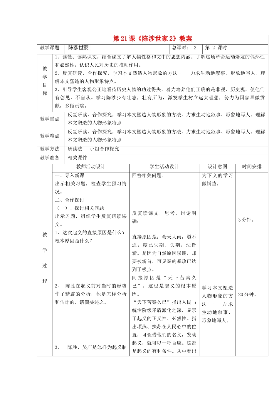 北京市顺义区大孙各庄中学九年级语文上册 第21课《陈涉世家》教案2 新人教版_第2页