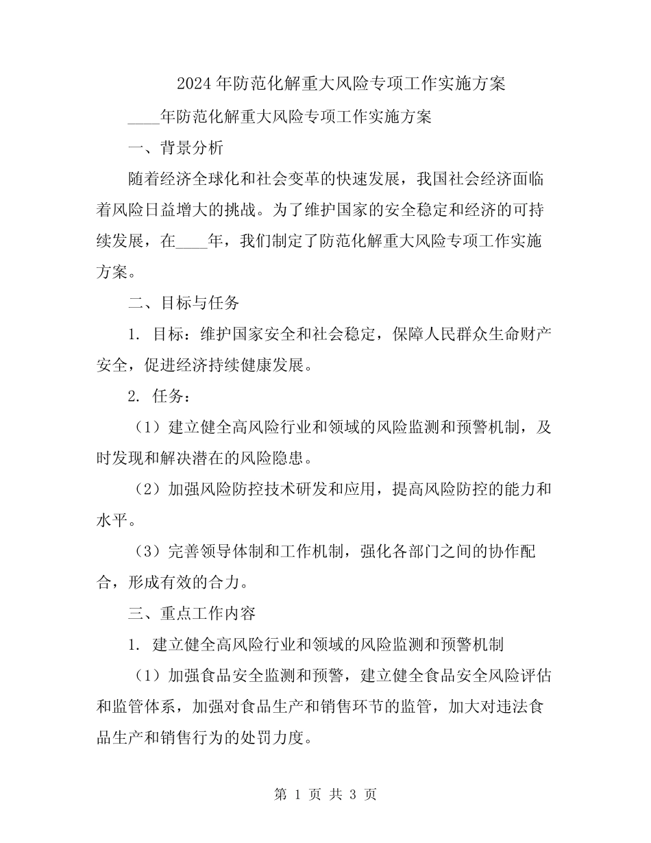 2024年防范化解重大风险专项工作实施方案 _第1页