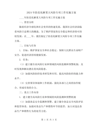 2024年防范化解重大风险专项工作实施方案 