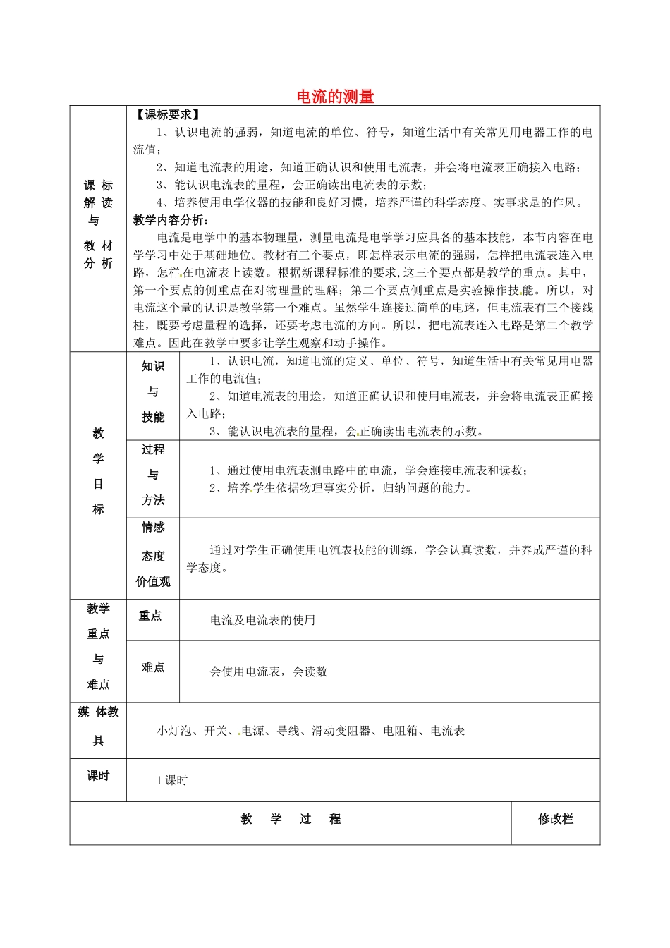 甘肃省武威第十一中学九年级物理全册 第十五章 第4节 电流的测量教案1 （新版）新人教版_第1页