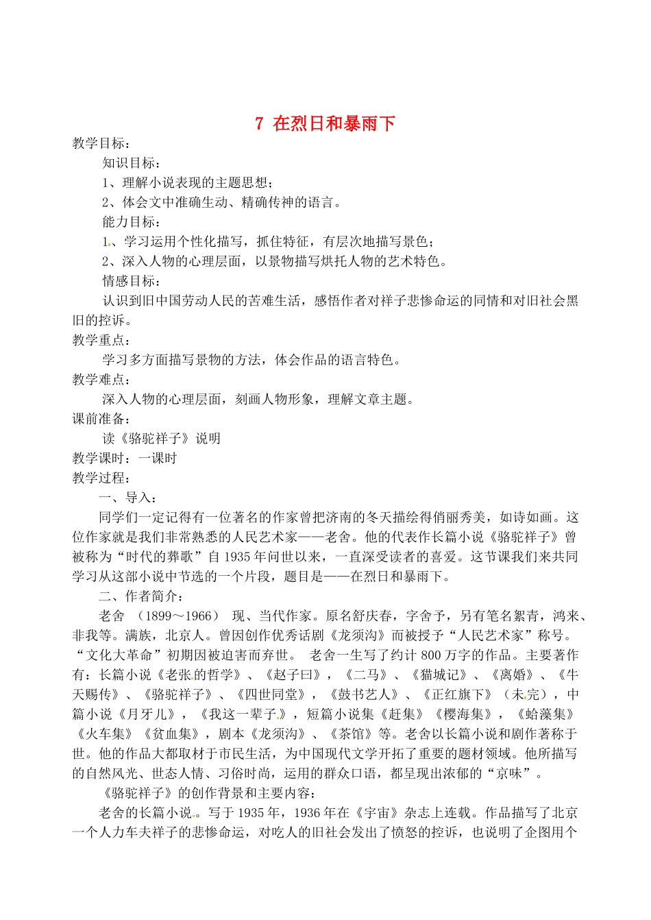 江苏省盐城市亭湖新区实验学校九年级语文上册 7 在烈日和暴雨下教案 苏教版_第1页