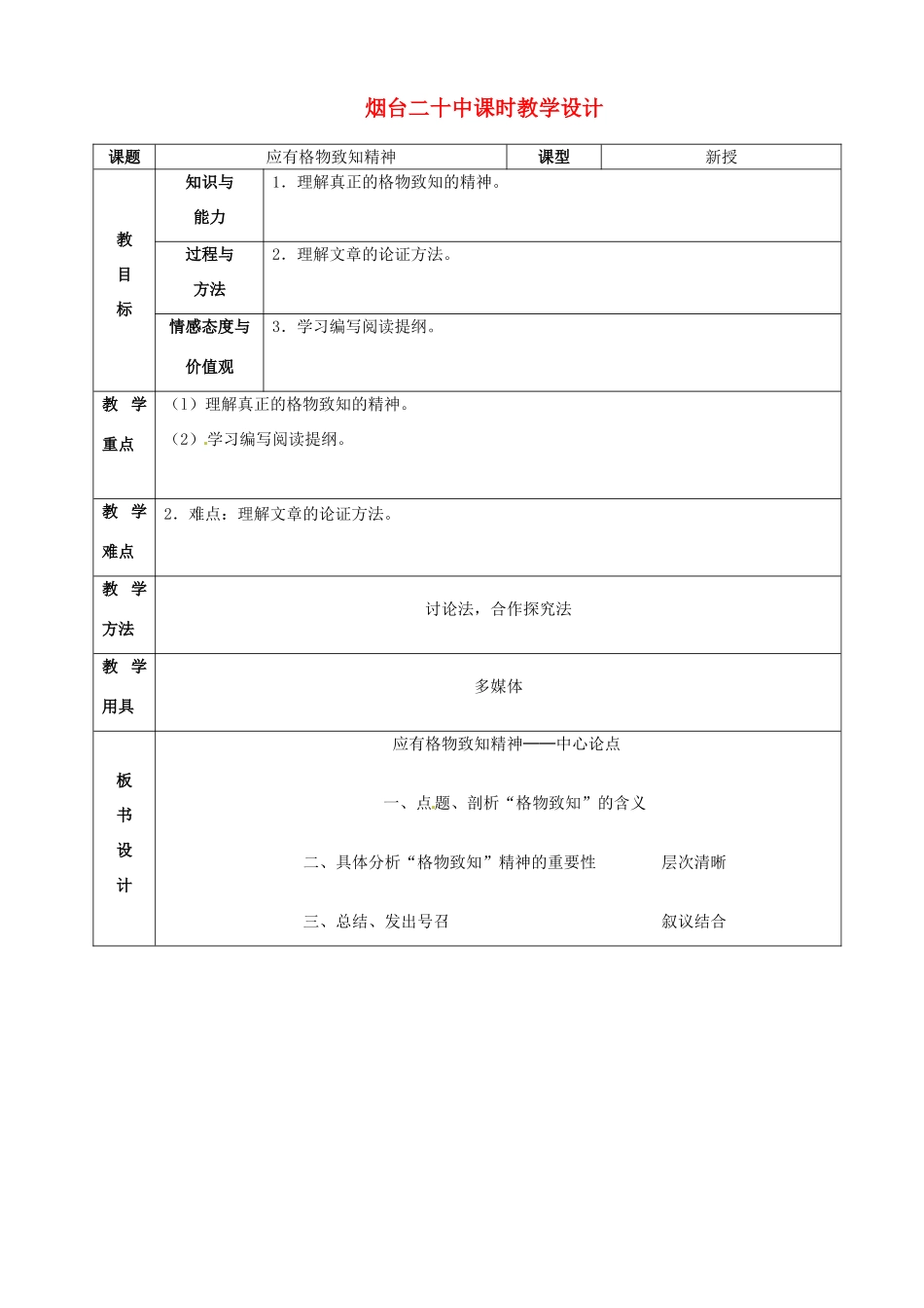 山东省烟台20中八年级语文《应有格物致知的精神》教学设计 _第1页