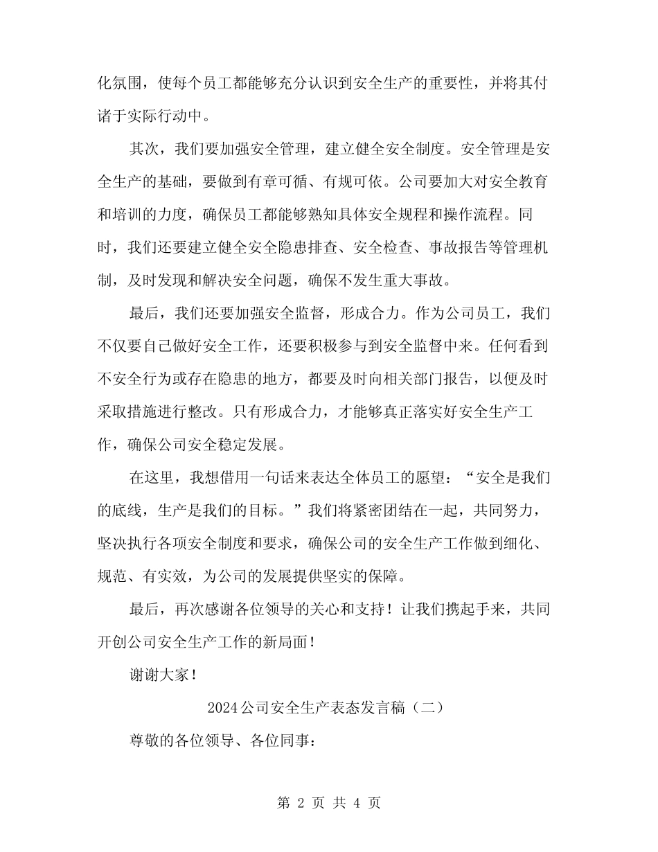 2024公司安全生产表态发言稿(二篇)_第2页
