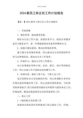 2024新员工转正后工作计划报告