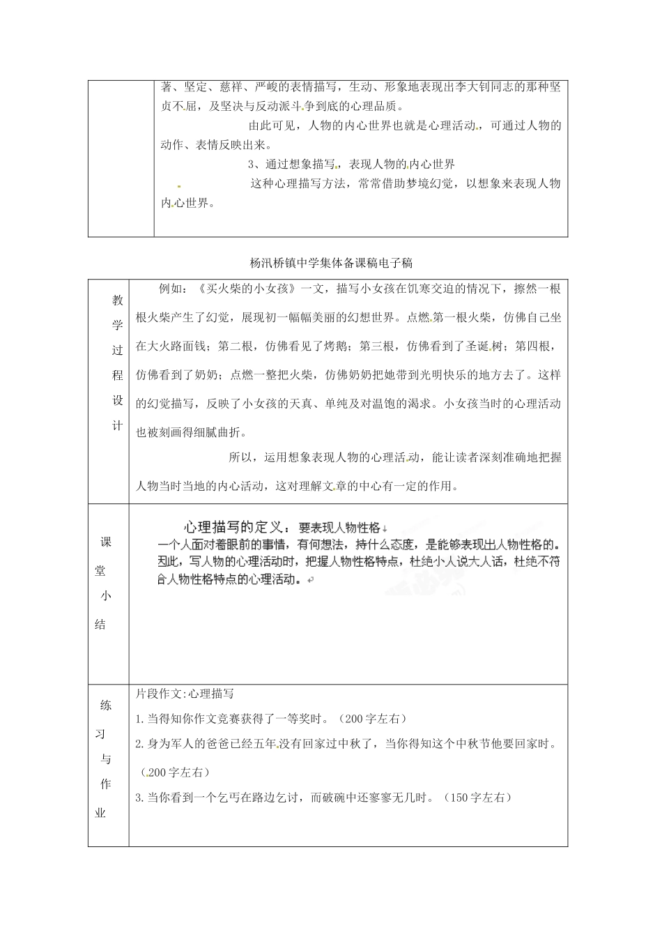 浙江省绍兴县杨汛桥镇中学八年级语文上册 作文训练《心理描写》教学案 人教新课标版_第2页
