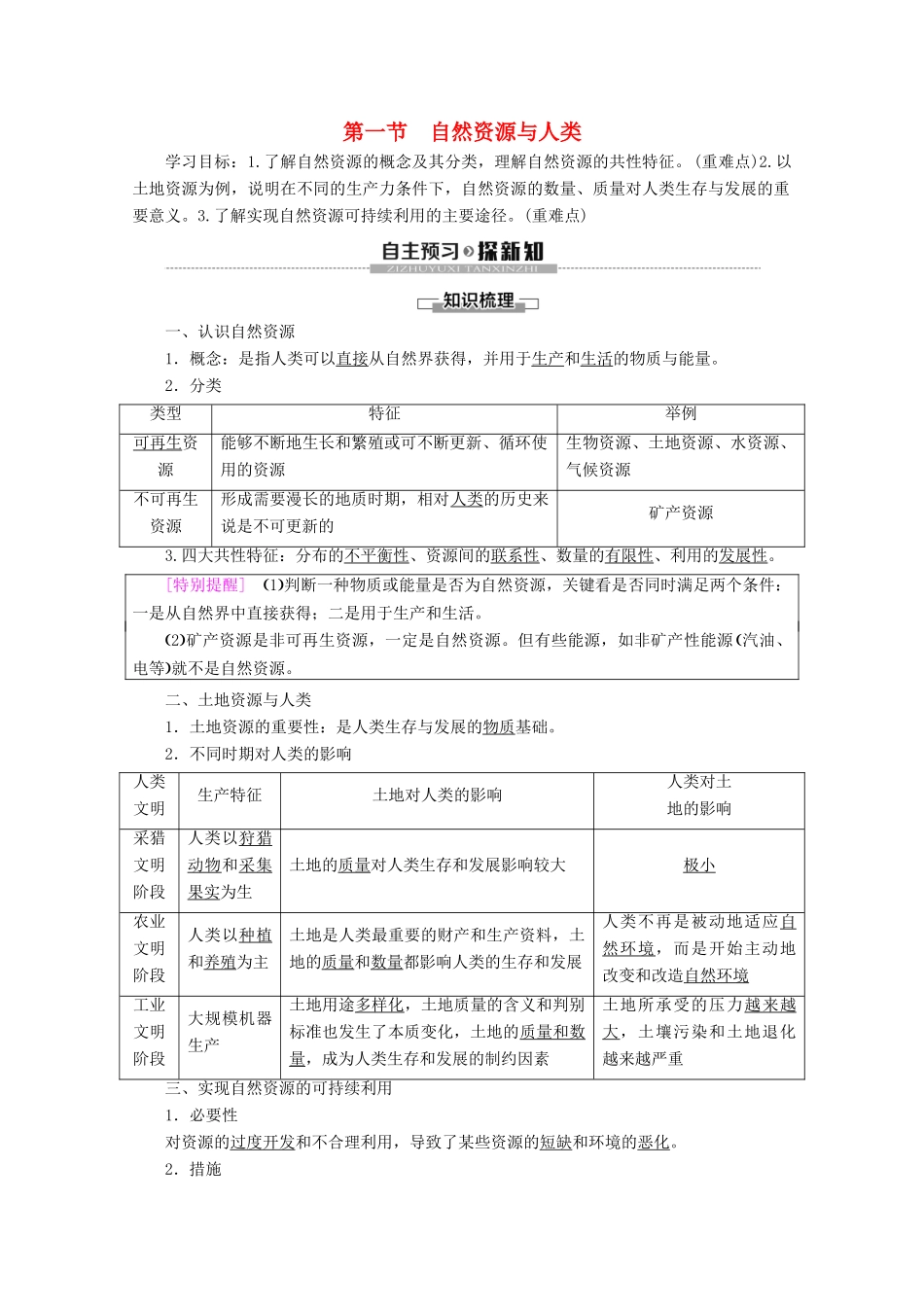 高中地理 第4单元 从人地关系看资源与环境 第1节 自然资源与人类学案 鲁教版必修1-鲁教版高一必修1地理学案_第1页