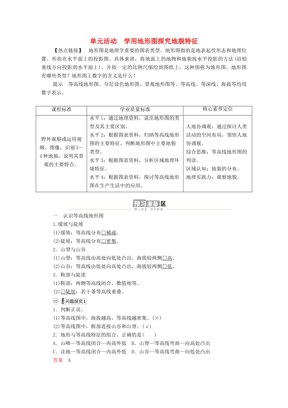高中地理 第三单元 从圈层作用看地貌与土壤 单元活动 学用地形图探究地貌特征学案 鲁教版必修1-鲁教版高一必修1地理学案_第1页