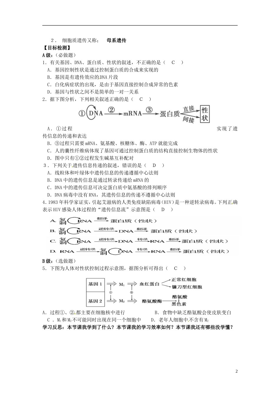 湖南省隆回县第二中学高中生物 第4章《第2节 基因对性状的控制》导学案 新人教版必修2_第2页