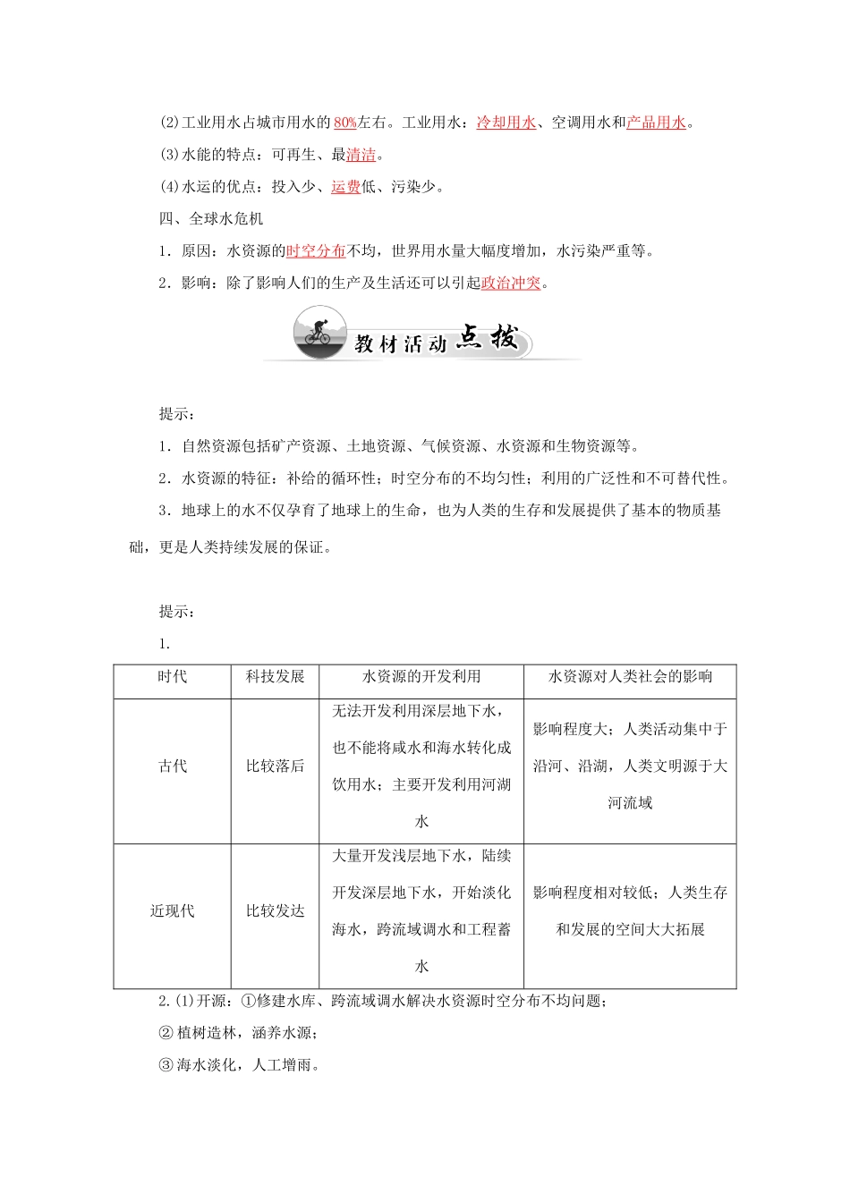 高中地理 第四章 第四节 水资源对人类生存和发展的意义学案 中图版必修1-中图版高一必修1地理学案_第2页