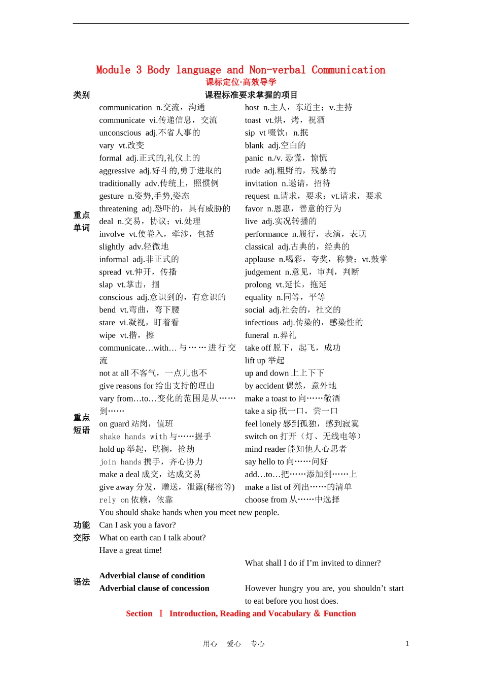 高中英语-Module-3-Body-language-and-Non-verbal-Communication单元学案-外研版必修4_第1页