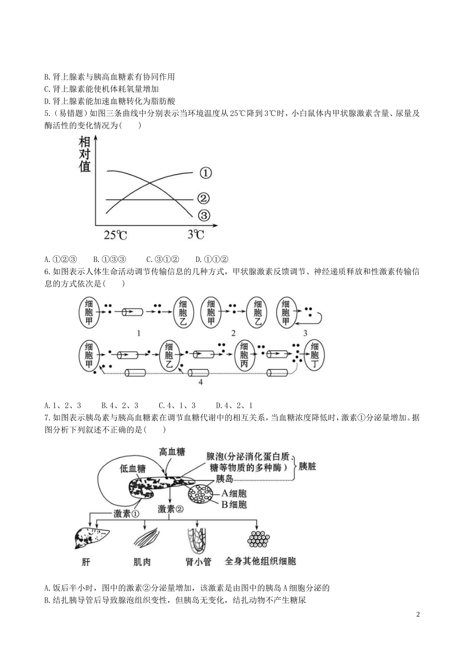 【全程复习方略】(福建专用)2013版高中生物-2.2、3通过激素的调节-神经调节与体液调节的关系课时提能演练_第2页
