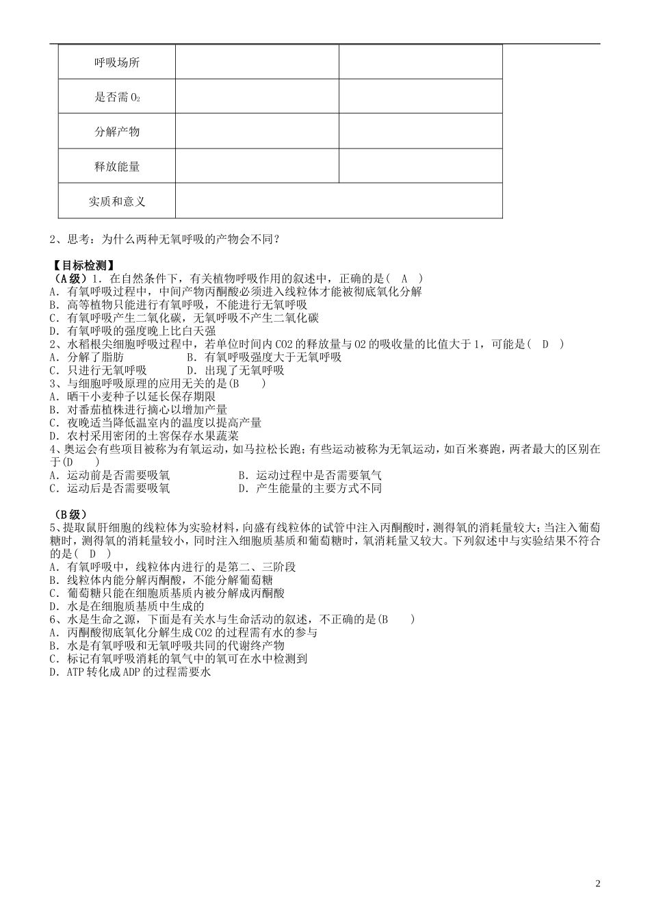 湖南省隆回县第二中学高中生物 第五章 ATP的主要来源 细胞呼吸（一）学案 新人教版必修1_第2页