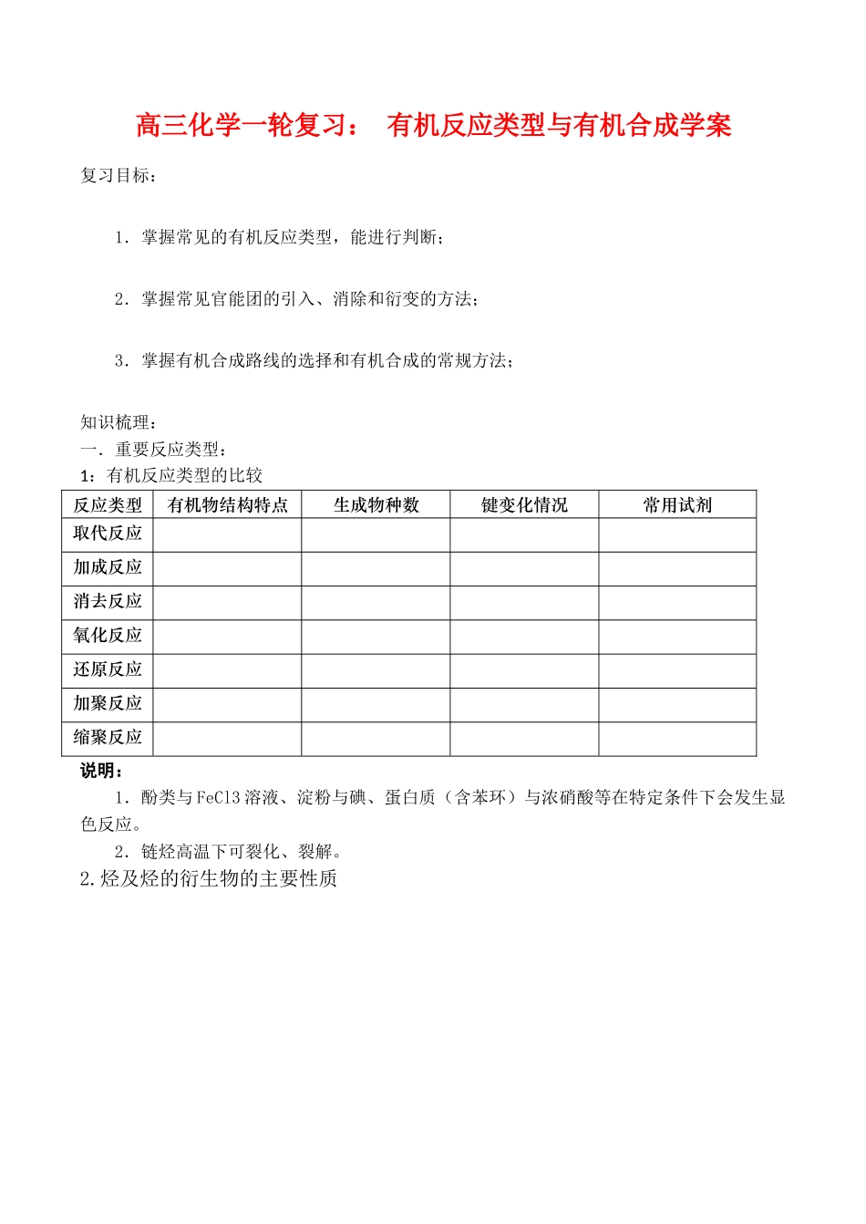 高三化学一轮复习学案：《有机反应类型与有机合成》学案（新人教版）_第1页