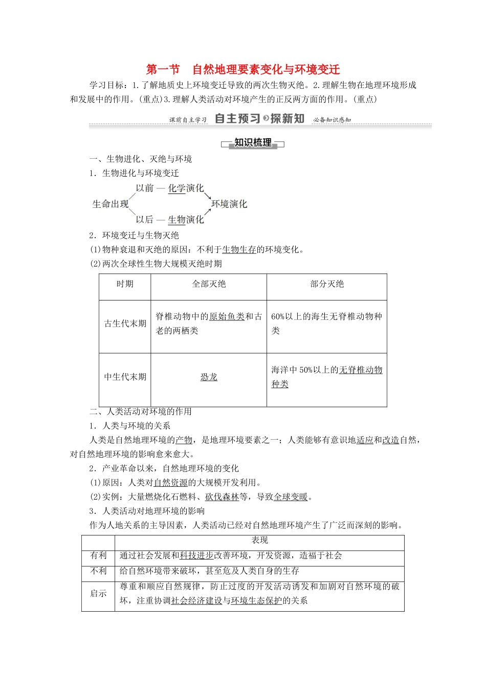 高中地理 第3章 自然地理环境的整体性与差异性 第1节 自然地理要素变化与环境变迁学案 湘教版必修1-湘教版高一必修1地理学案_第1页