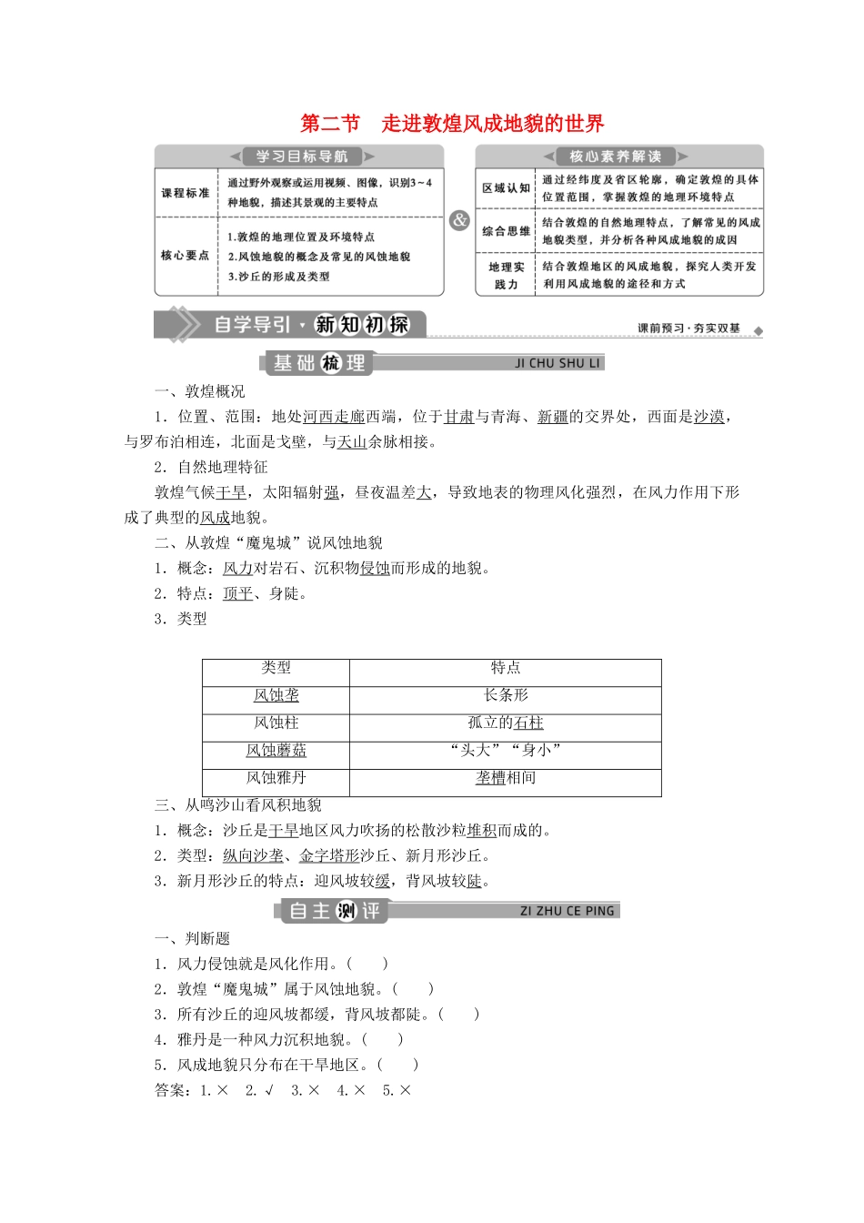高中地理 第三单元 从圈层作用看地貌与土壤 3.2 走进敦煌风成地貌的世界学案 鲁教版必修第一册-鲁教版高一第一册地理学案_第1页