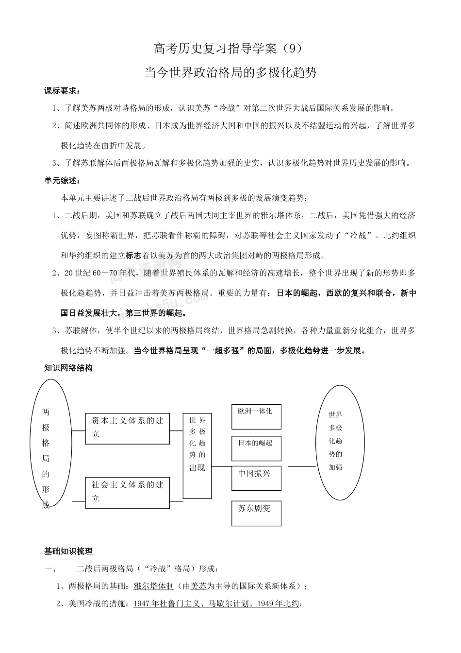 高考历史 复习指导学案（9）：当今世界政治格局的多极化趋势 新人教版_第1页
