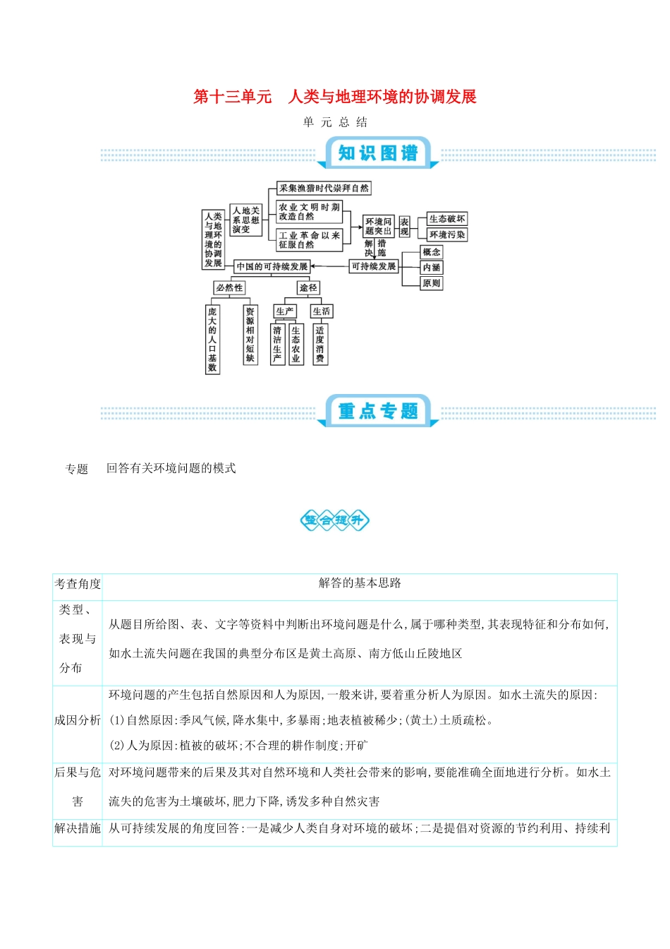高考地理总复习 第十三单元 人类与地理环境的协调发展单元总结学案-人教版高三全册地理学案_第1页