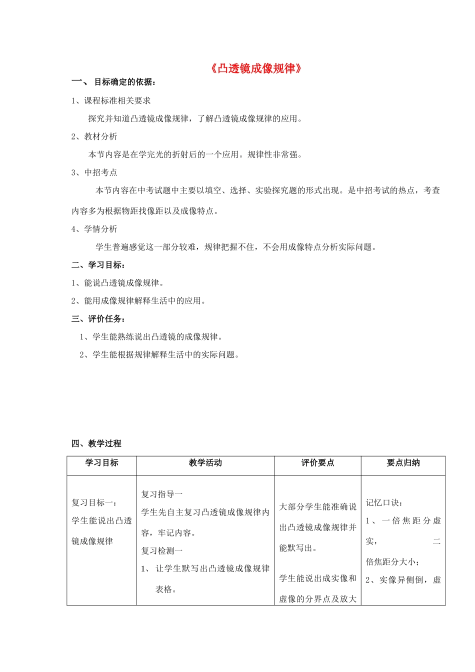 河南省商水县中考物理 凸透镜成像规律复习教案-人教版初中九年级全册物理教案_第1页
