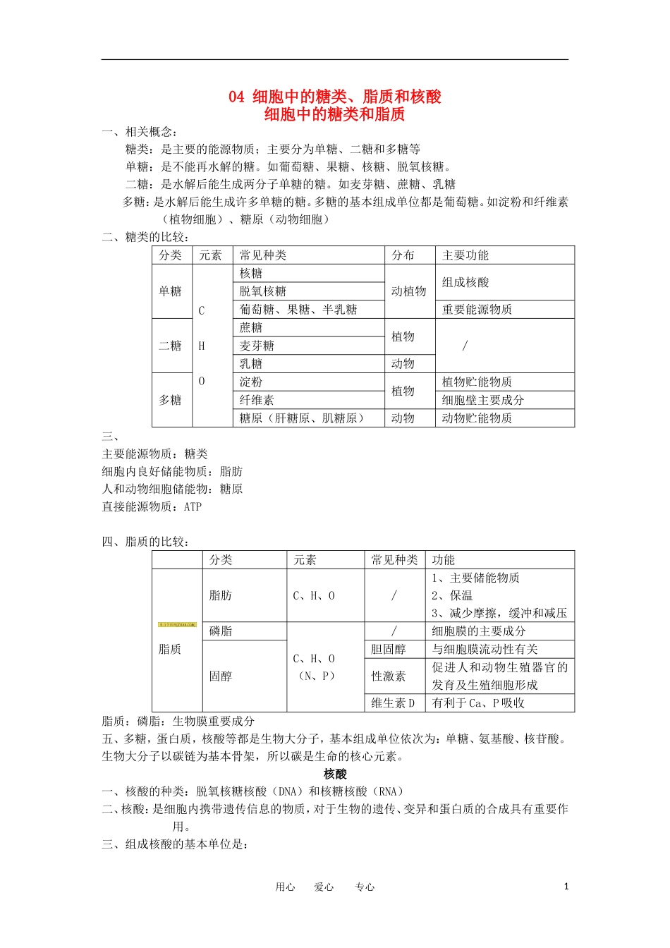 河北省广平一中高三生物总复习学案 04 细胞中的糖类、脂质和核酸（艺术班）_第1页
