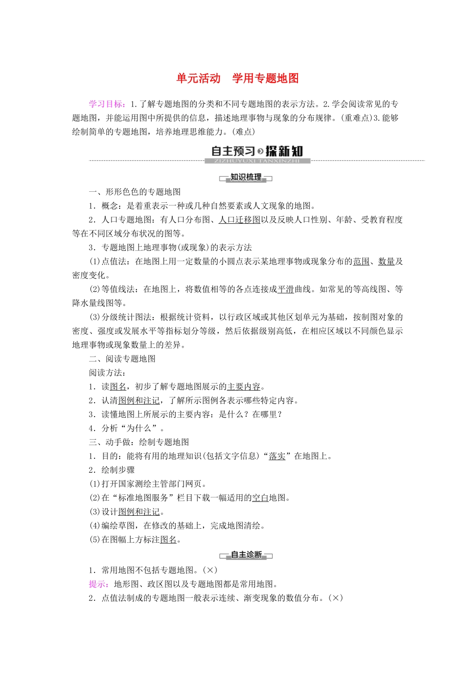 高中地理 第1单元 人口与环境 单元活动 学用专题地图学案 鲁教版必修第二册-鲁教版高一第二册地理学案_第1页
