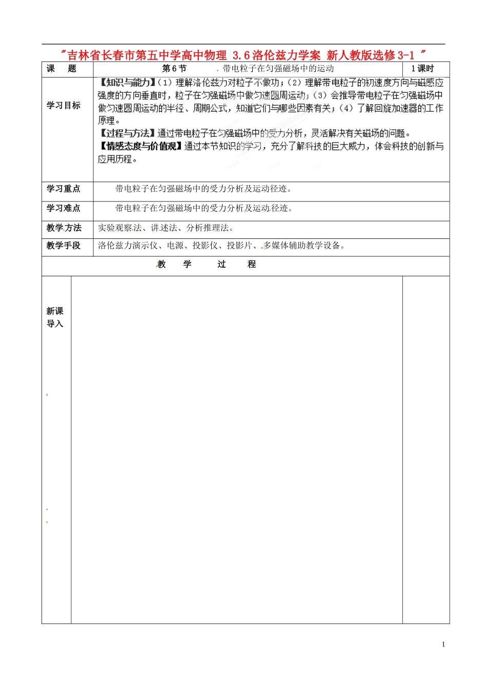 吉林省长春市第五中学高中物理 3.6洛伦兹力学案 新人教版选修3-1_第1页