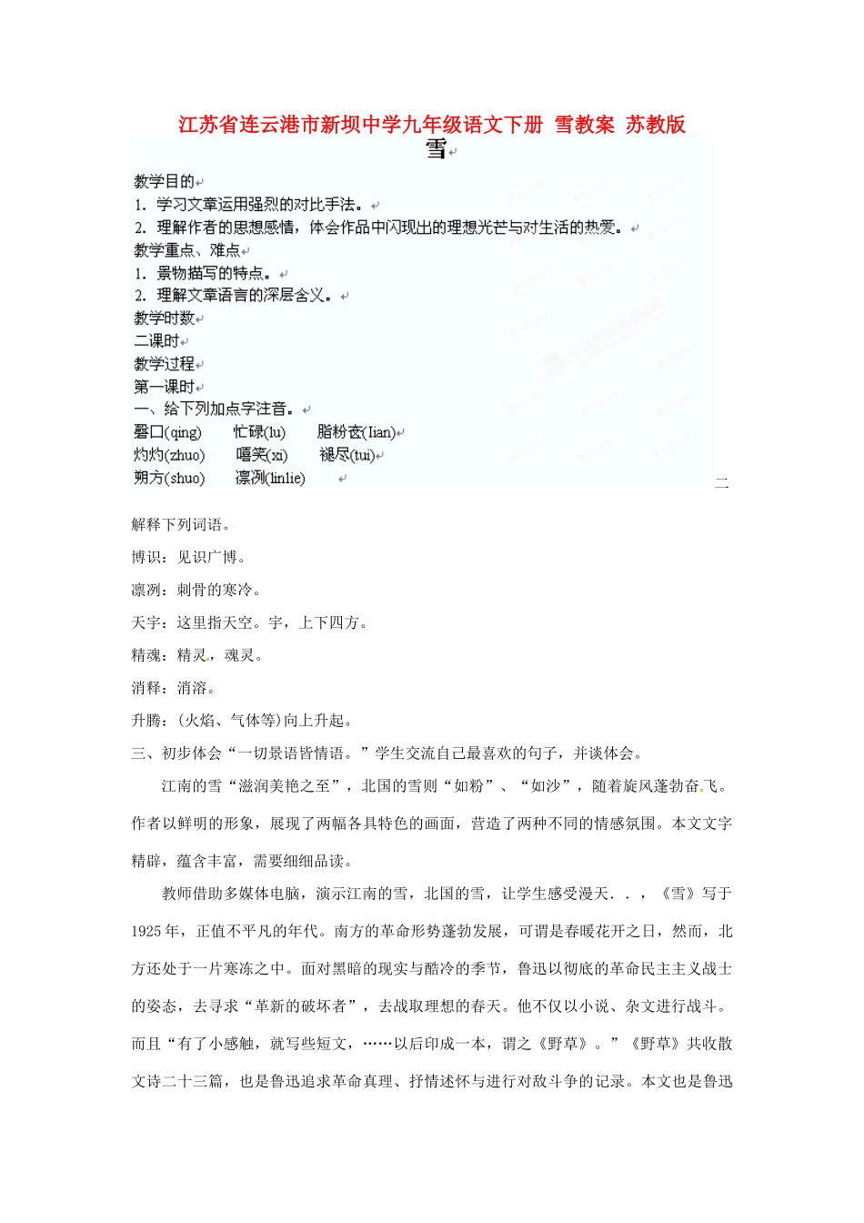 江苏省连云港市新坝中学九年级语文下册 雪教案 苏教版_第1页