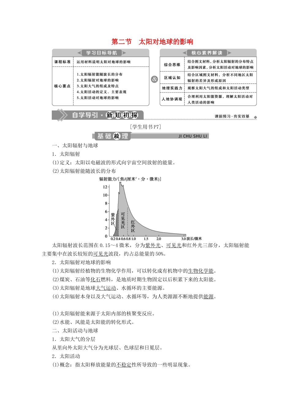 高中地理 第一章 宇宙中的地球 1.2 太阳对地球的影响学案 湘教版必修第一册-湘教版高一第一册地理学案_第1页