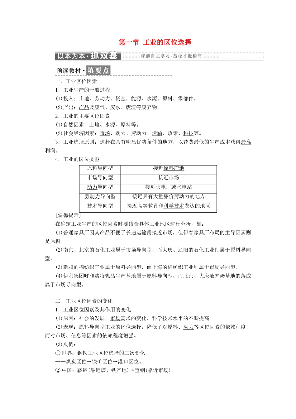 高中地理 第四章 工业地域的形成与发展 第一节 工业的区位选择学案（含解析）新人教版必修2-新人教版高一必修2地理学案_第1页