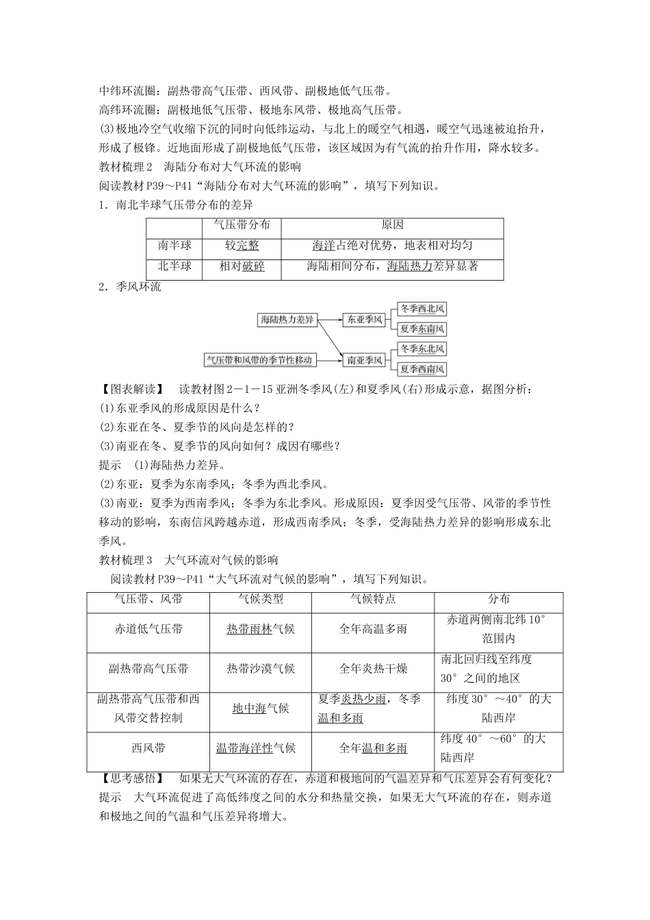 高中地理 第二章 自然地理环境中的物质运动和能量交换 2-1-3 大气环流学案 中图版必修1-中图版高一必修1地理学案_第2页