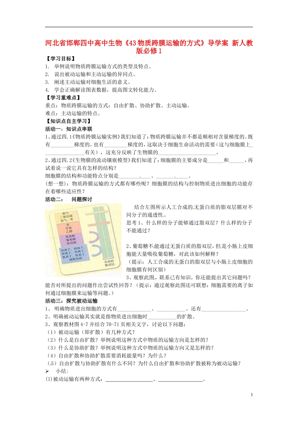 河北省邯郸四中高中生物《43物质跨膜运输的方式》导学案 新人教版必修1_第1页