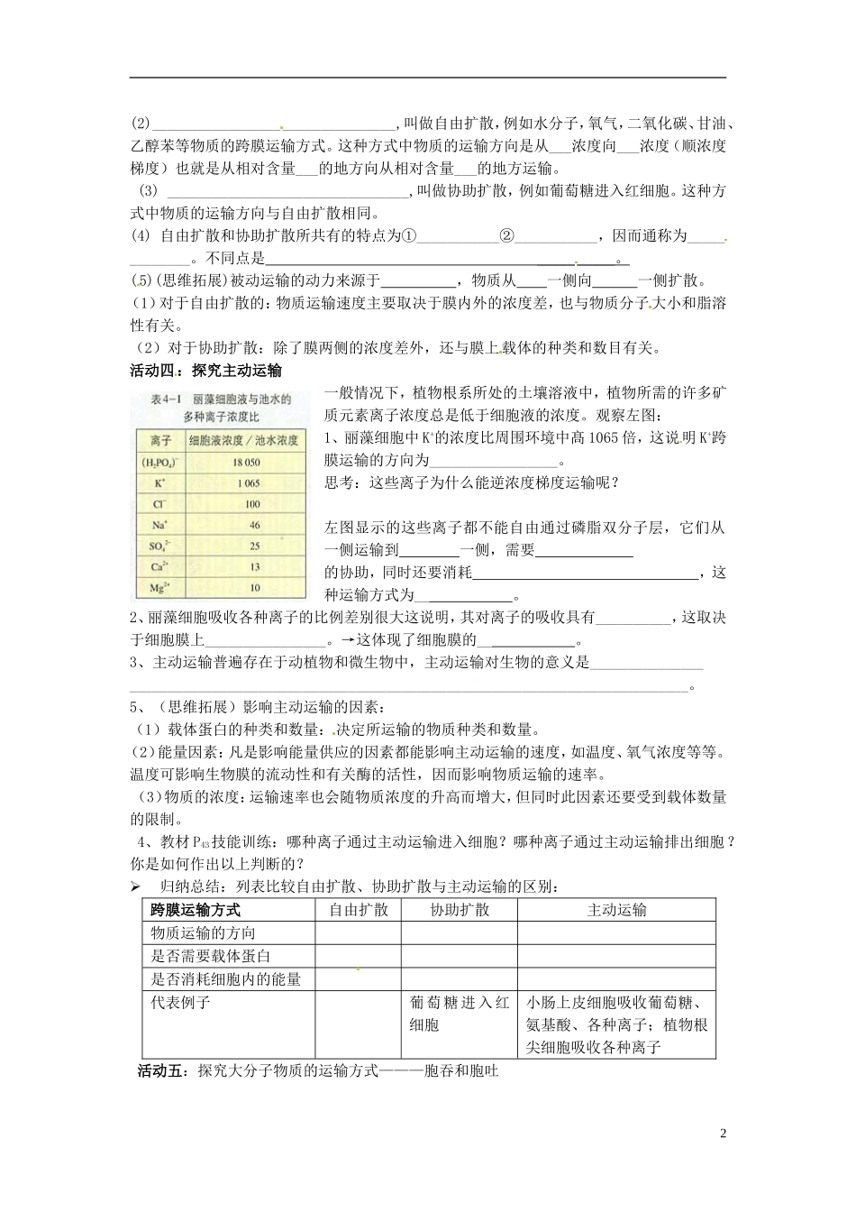 河北省邯郸四中高中生物《43物质跨膜运输的方式》导学案 新人教版必修1_第2页