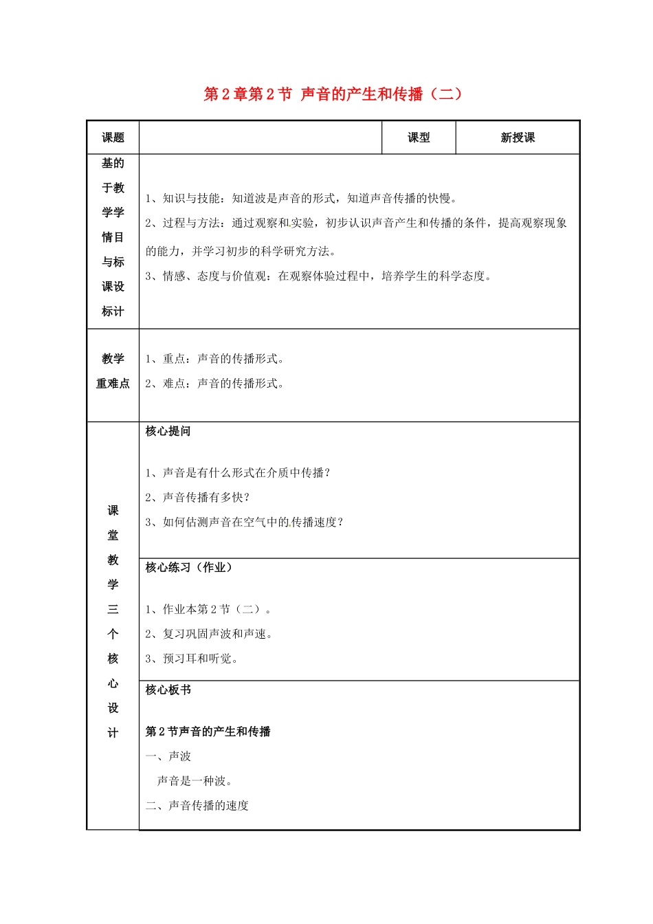 浙江省温州市苍南县桥墩镇五凤学校七年级科学下册 第2章第2节 声音的产生和传播教案（二） 浙教版_第1页