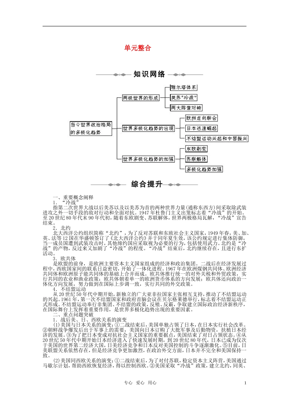 2010-2011学年高中历史-第八单元-当今世界政治格局的多极化趋势-单元整合同步学案-新人教版必修1_第1页