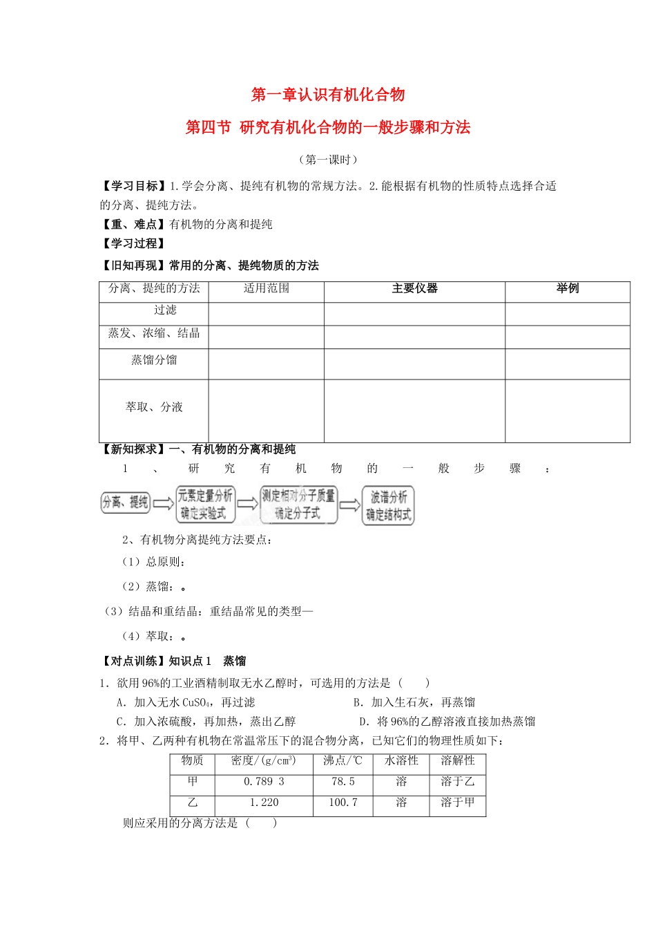 高中化学 第一章 认识有机化合物 1.4.1 研究有机化合物的一般步骤和方法（1）学案 新人教版选修5-新人教版高二选修5化学学案_第1页