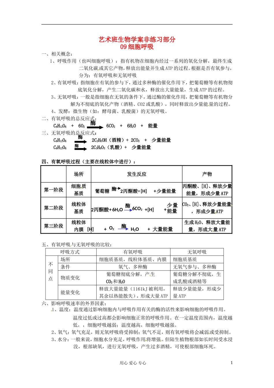 河北省广平县第一中学高中生物《09 细胞呼吸》学案（艺术班）_第1页