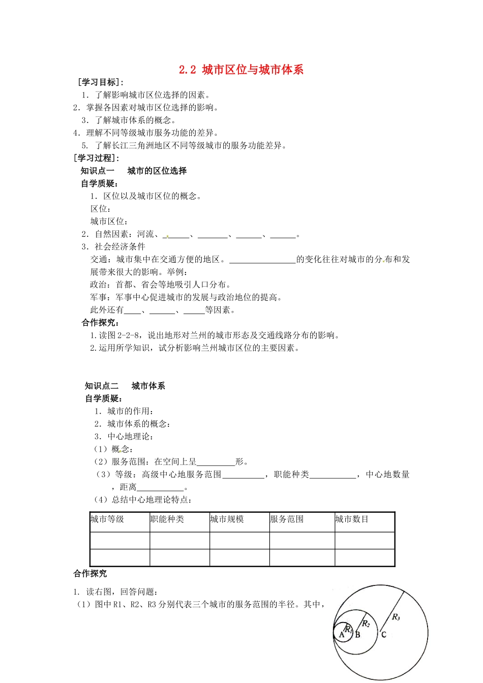 高中地理《2.2城市区位与城市体系》学案 鲁教版必修2-鲁教版高一必修2地理学案_第1页