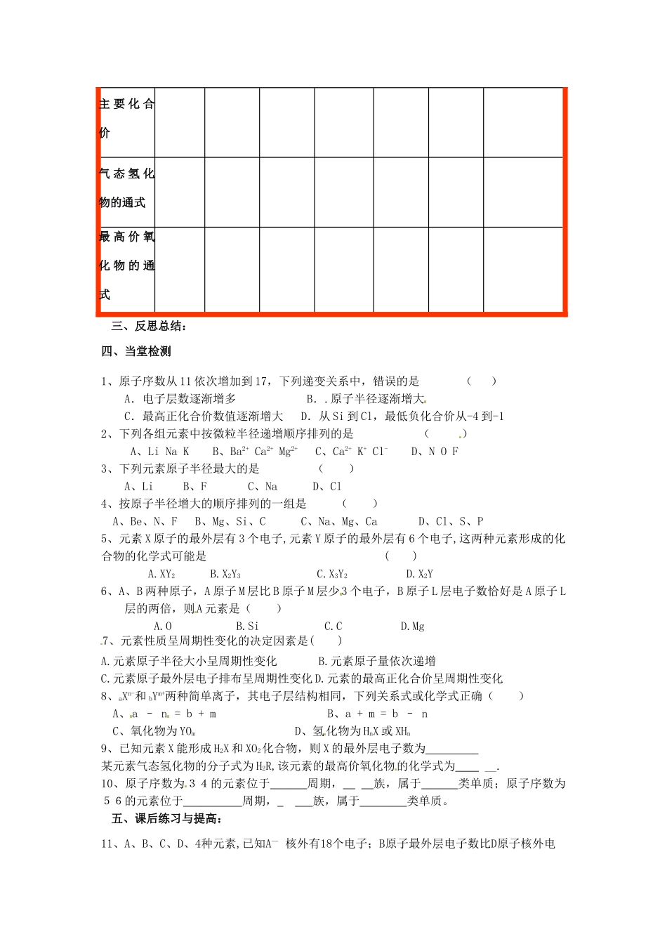 高中化学 第一章 物质结构元素周期律 第2节 元素周期律（第1课时）导学案 新人教版必修2-新人教版高一必修2化学学案_第3页
