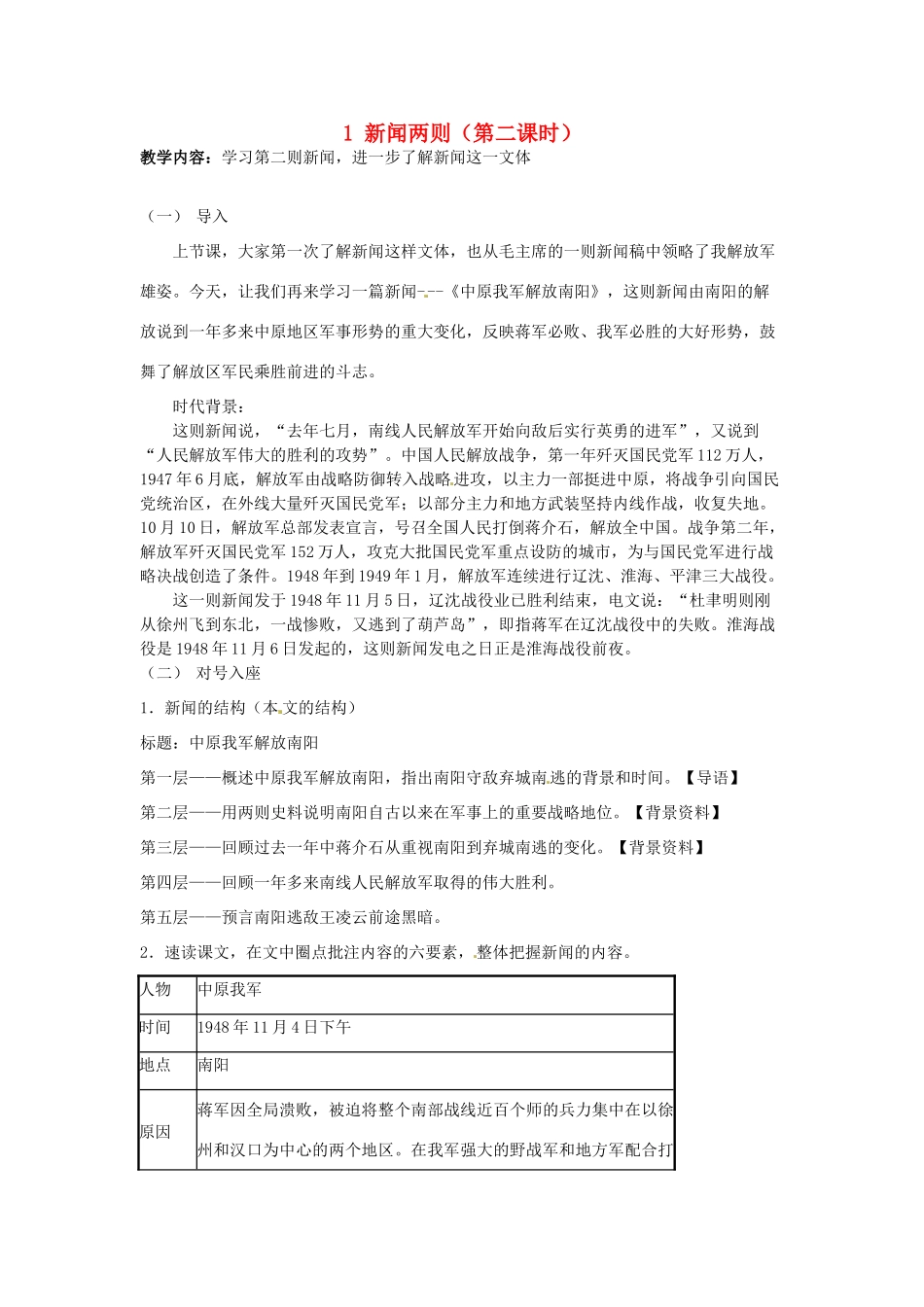 甘肃省成县苇子沟学校八年级语文上册 1 新闻两则（第二课时）教案 新人教版_第1页