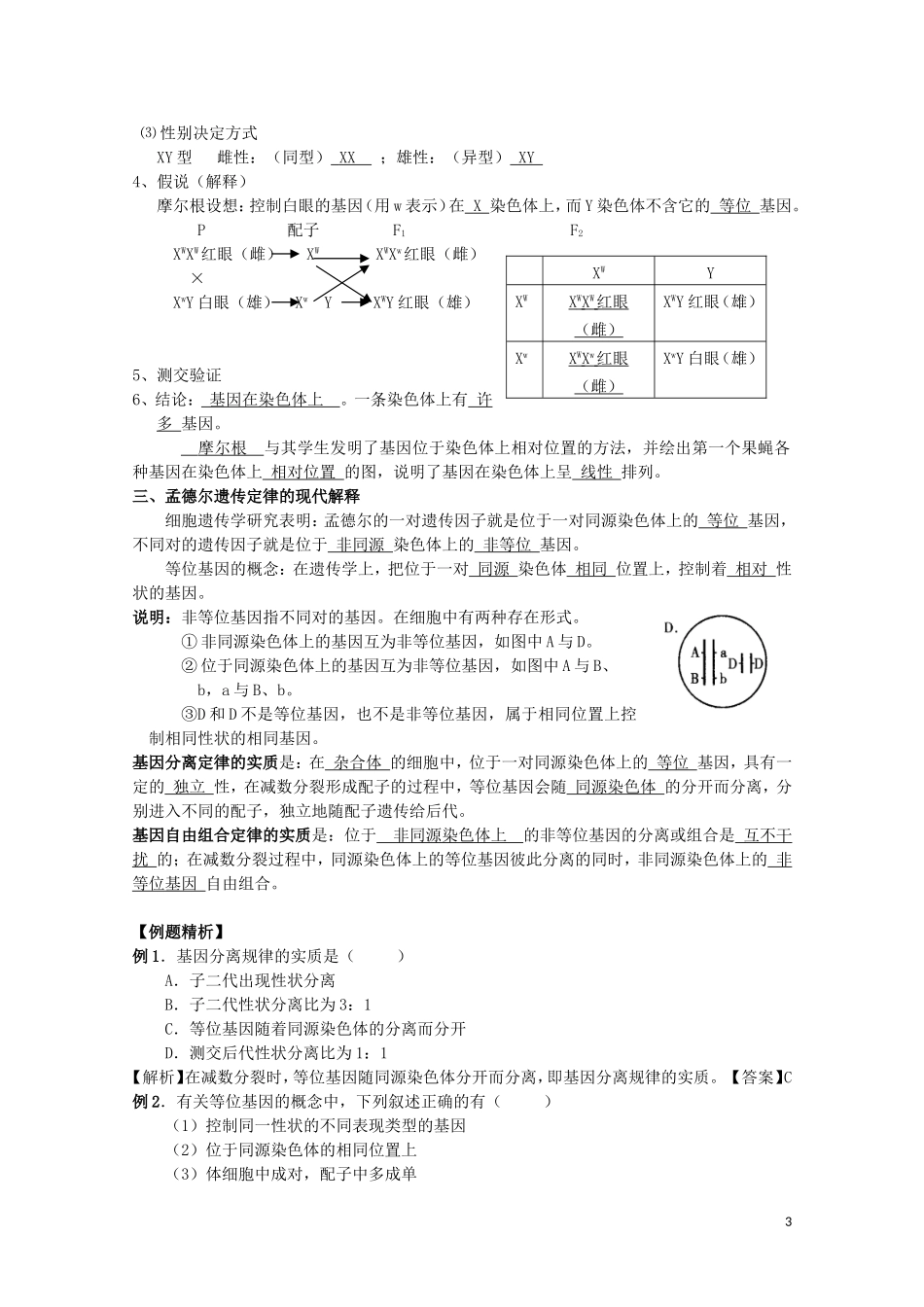 河北省张家口一中高一生物 2.2 《基因在染色体上》学案_第3页