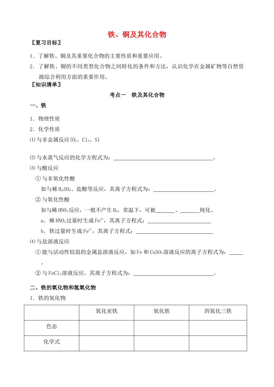 高三化学一轮复习 铁、铜及其化合物学案-人教版高三全册化学学案_第1页