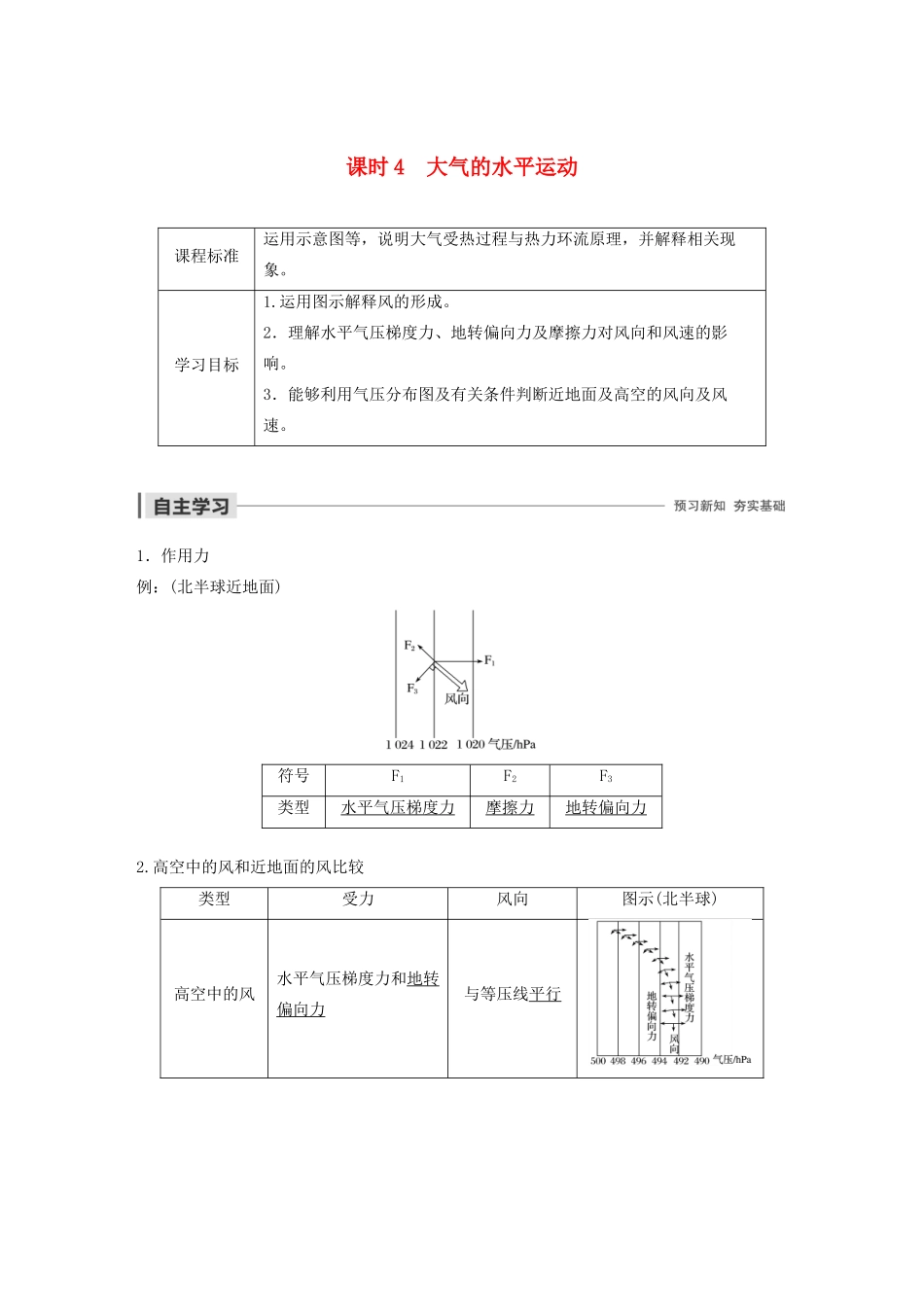 高中地理 第二章 自然环境中的物质运动和能量交换 第二节 大气环境 课时4 大气的水平运动学案（含解析）湘教版必修1-湘教版高一必修1地理学案_第1页